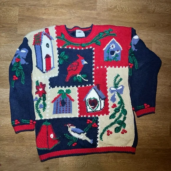 Christopher & Banks vintage 80s ladies sweater Cardinal, Quail, Birdhouse M - Picture 1 of 5